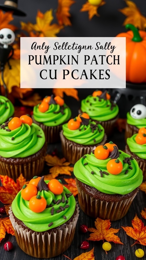 Pumpkin patch cupcakes with green frosting and candy decorations on a Halloween-themed table.